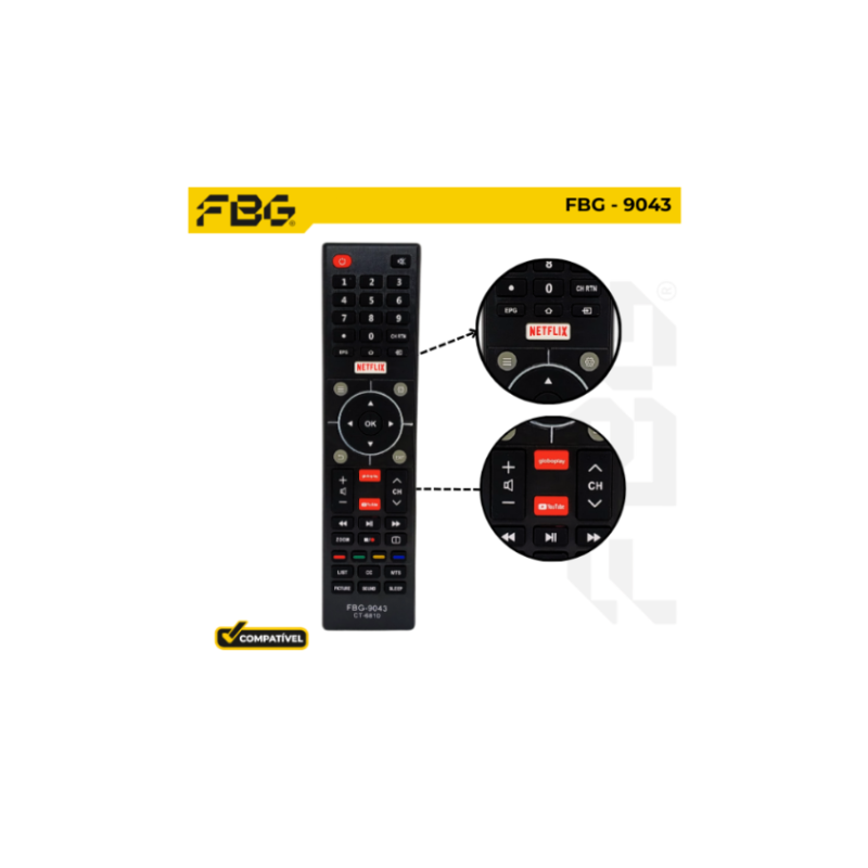 Controle Remoto Smart Compatível C/ Semp Youtube/ Netflix/ Globoplay Modelo FBG- 9043